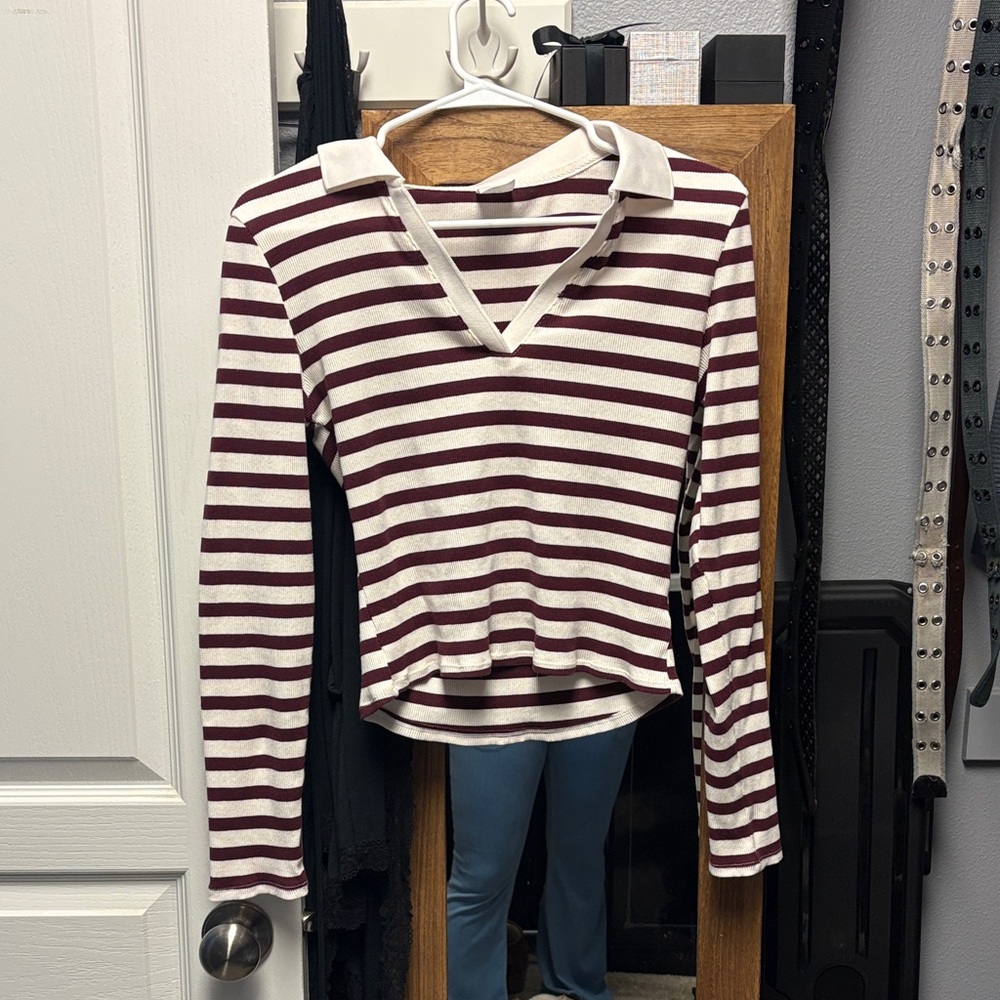 No Boundaries Maroon and White Striped Long Sleeve Top